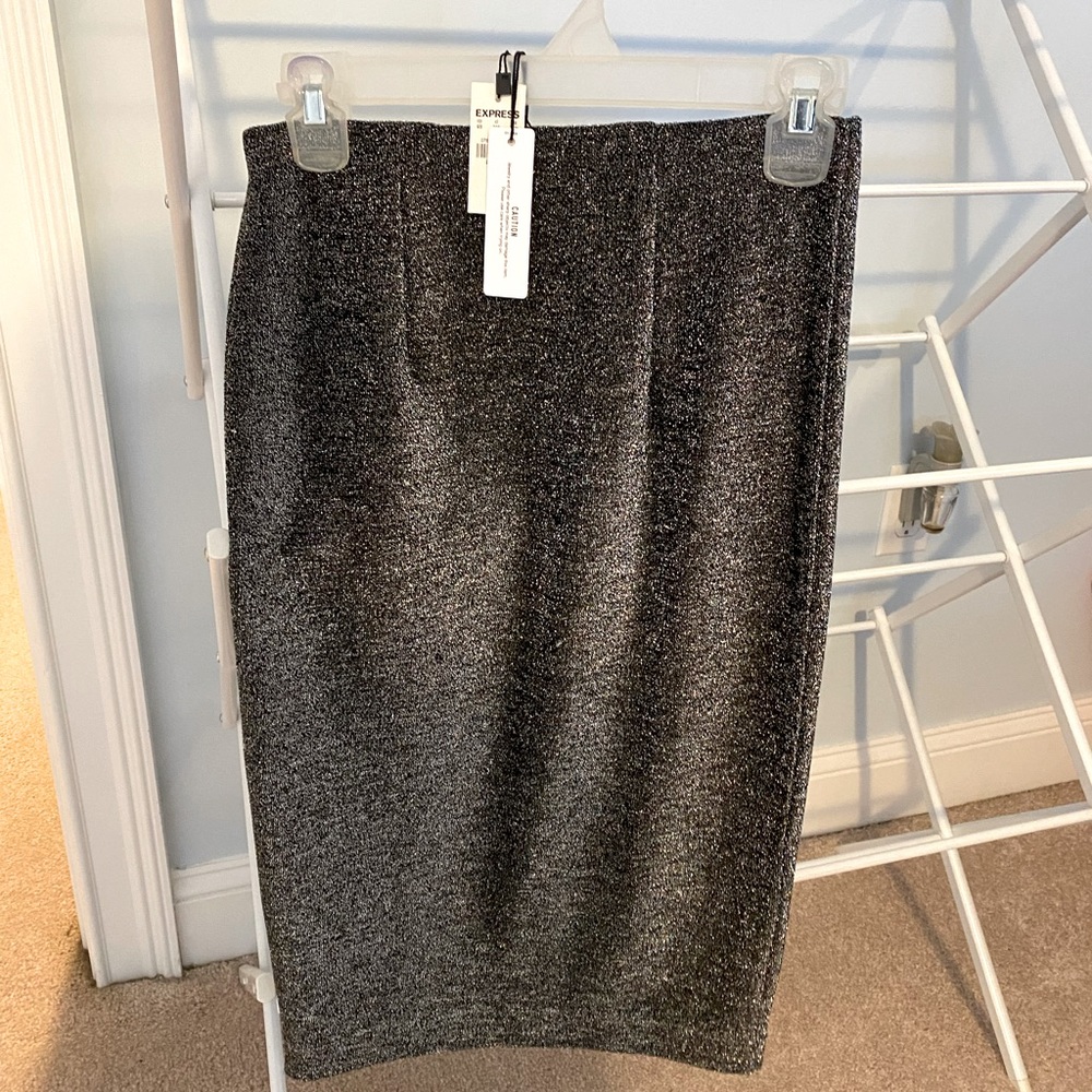 Express sparkly metallic high waisted midi pencil skirt